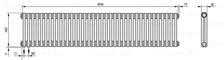 Схема (чертеж) Радиатор Zehnder Charleston 2056/36 №3370 Белый глянцевый RAL 9016